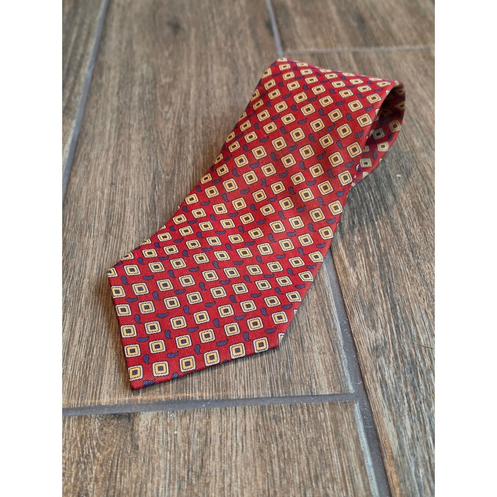 Chaps Ralph Lauren Mens Silk Necktie Red Gold Geometric Paisley Square Print Tie